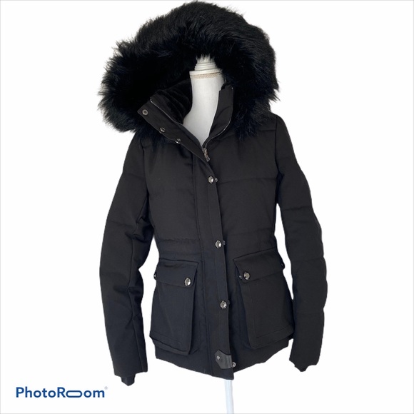 Nicole Miller Black Fur Trim Black Hooded Jacket - Picture 1 of 7